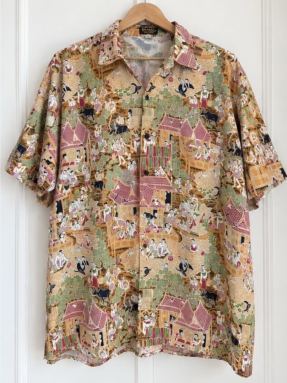 Thai Silk Collection Shirt XXXL 100% Silk Thailand Scenic Village Print 3XL